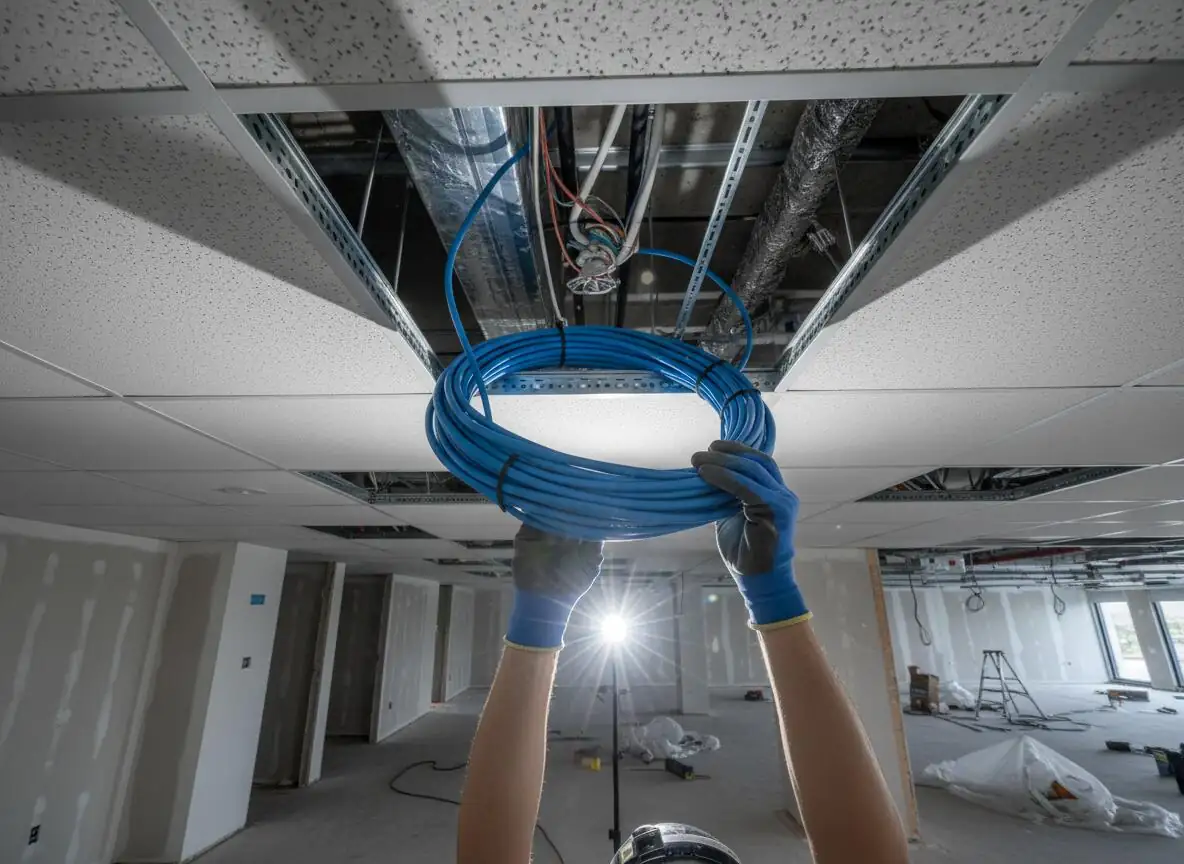 Technician pulling network cable through an office drop ceiling