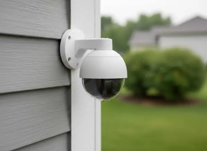 White outdoor security camera mounted on the siding of a Michigan home