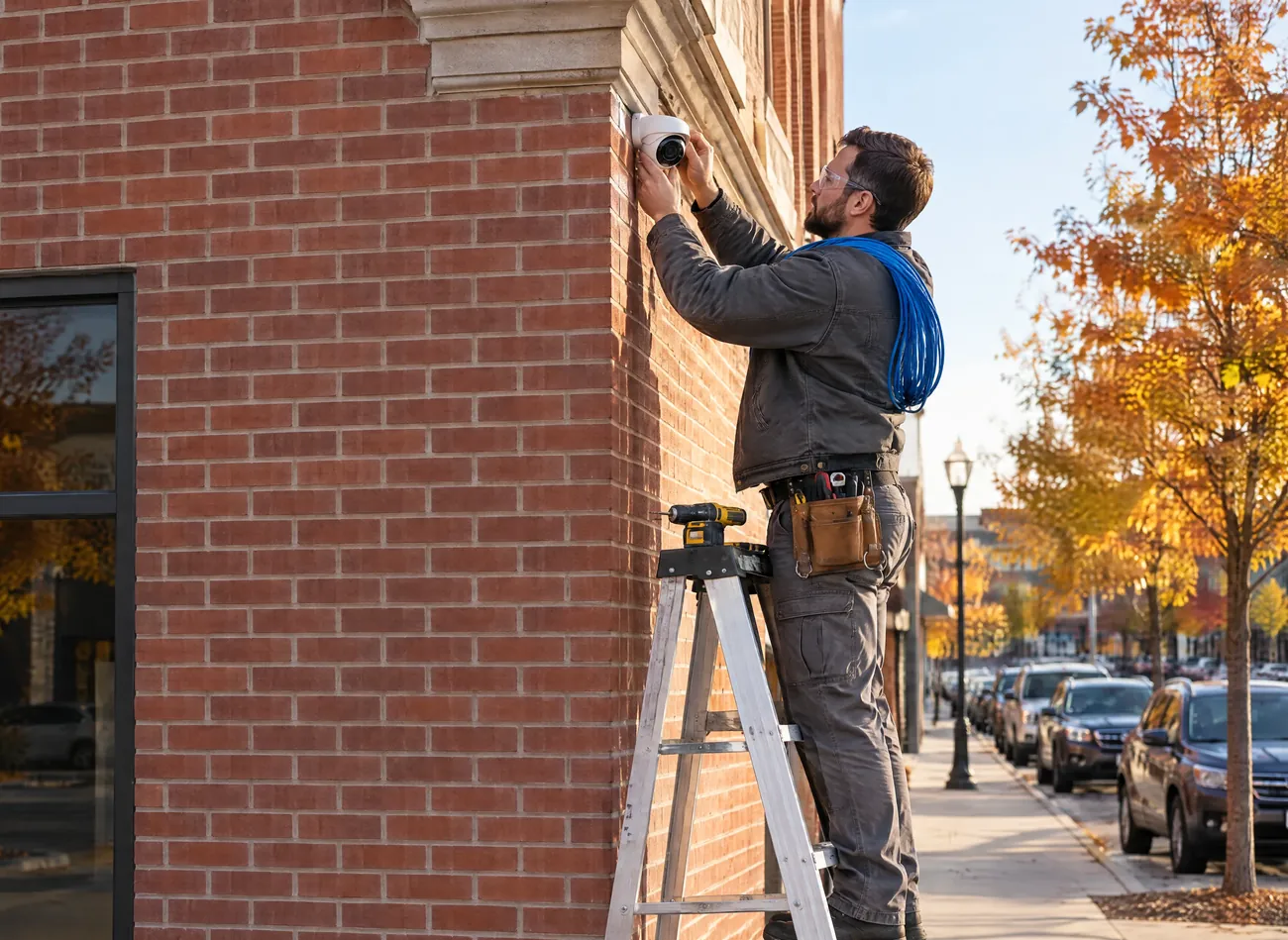 Temark technician on a stepladder mounting a white turret camera under the cornice of a brick storefront