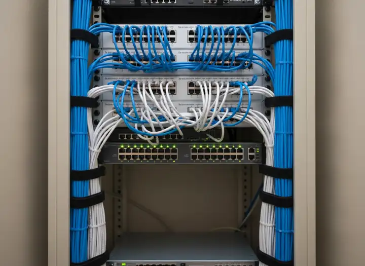 Network rack with neatly dressed Cat6 patch cables and a switch