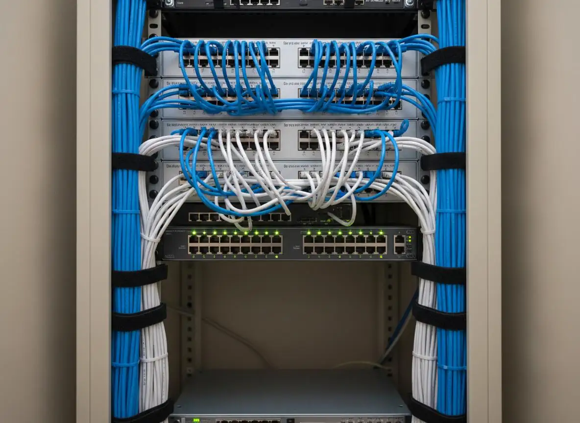 Network rack with neatly dressed Cat6 patch cables and a switch