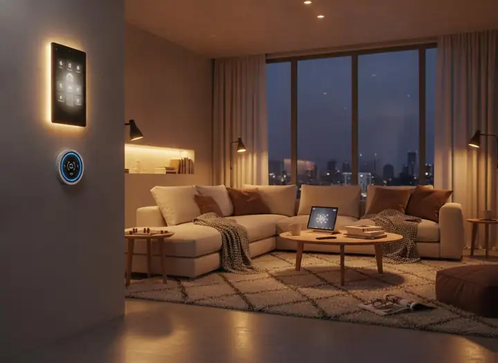 Living room with a wall-mounted smart home panel and thermostat